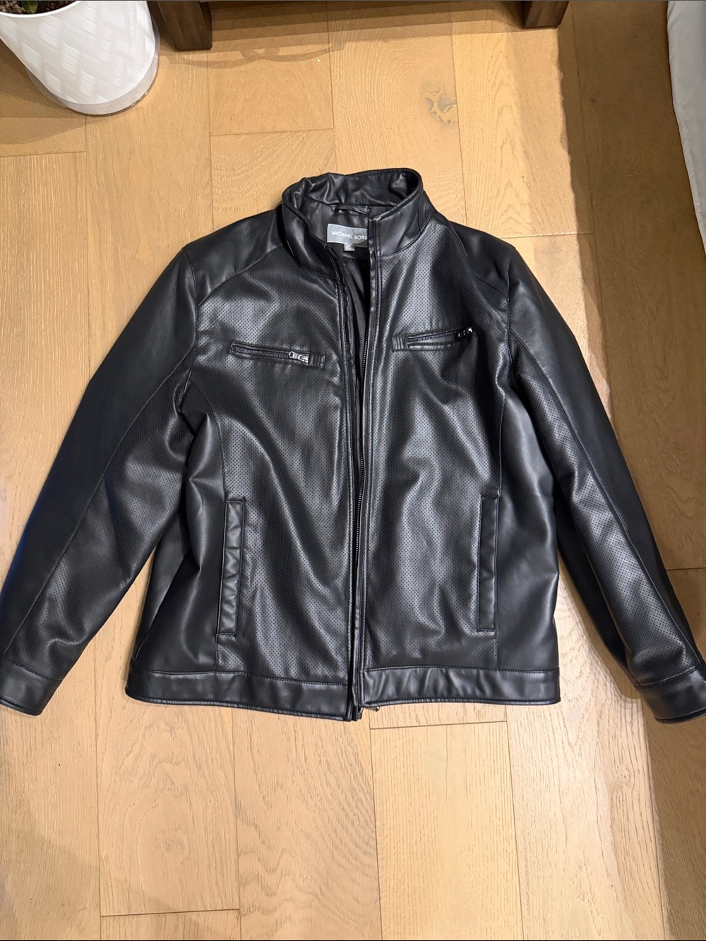 Michael Kors Black Perforated Faux-Leather Bomber Jacket